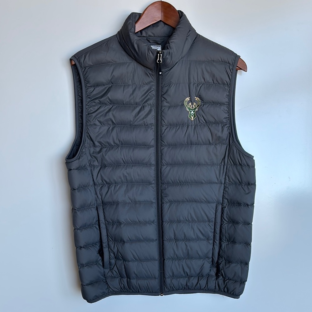 Gray Quilted Vest with High Collar Milwaukee Bucks